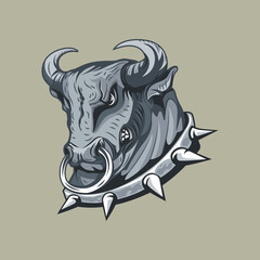 Bull's head in a studded collar monocolor freehand drawing.