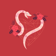 Ornate Bohemian Snake with floral ornament around Crystal  Heart shape with folk rose flowers vector illustration on earthy background 