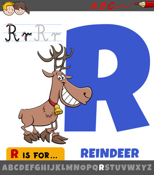 letter R worksheet with cartoon reindeer animal character