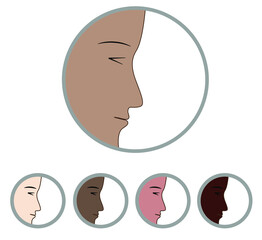 Human's faces from the side of different skin colors. Set of vector icons. Can be used for profile, avatar, print, logo, icon and more. 