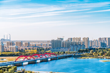 Scenery of Liaohe River and rainbow bridge in Inner Mongolia, China - obrazy, fototapety, plakaty