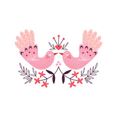 Ornate Folk Floral Boho bird couple kiss symmetrical illustration isolated on white background