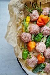 Meatballs and vegetables, peppers. Top view 