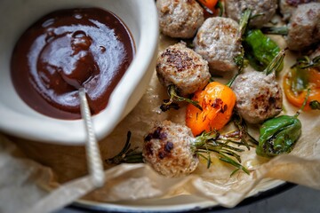 Meat with vegetables and sauces 