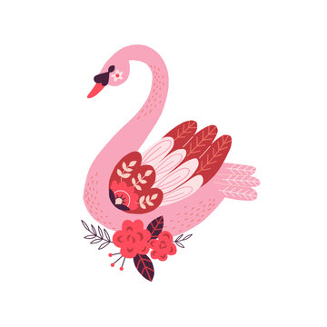Ornate Boho Folk floral swan bird with rose flower vector illustration isolated on white background