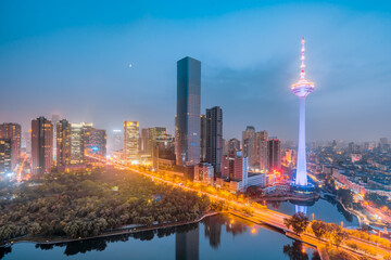 High angle night view of CBD in Shenyang, Liaoning, China - obrazy, fototapety, plakaty