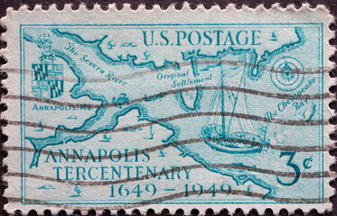 USA - Circa 1939 : a postage stamp printed in the US showing a map of Annapolis Tercentenary with...