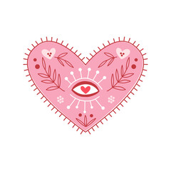 Boho ornate folk floral heart with seeing eye vector illustration for magical spiritual design