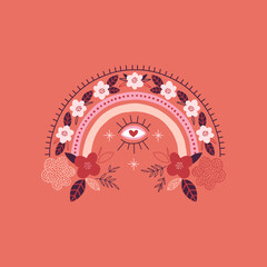 Boho ornate folk floral rainbow devil eye vector illustration for magical spiritual design