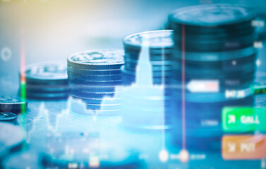 Double exposure of money coin, stock market or forex trading graph and candlestick chart suitable for financial investment concept. 