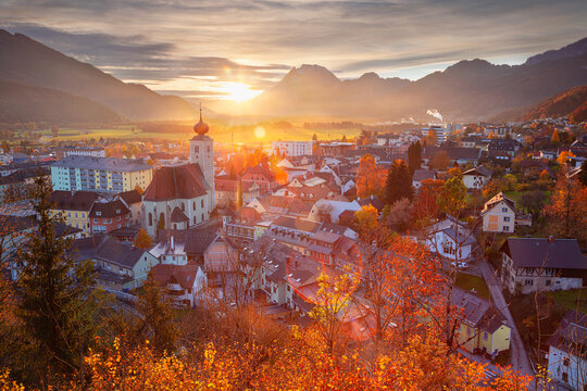 Liezen, Austria. Cityscape image of Liezen, Austria at beautiful autumn sunset.