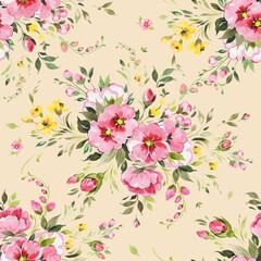 Fototapeta na wymiar Abstract seamless floral pattern painted flowers and herbs. Beautiful print for your decor and textile design. Sketching with paints on paper delicate light flying flowers.