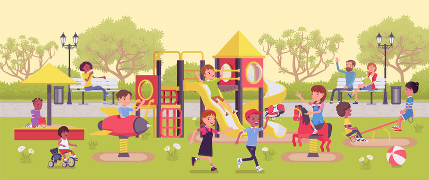 Kids playing in the playground, fun and leisure outside. Physically active happy children spend free time in park or recreation area, playtime family fun. Vector flat style cartoon illustration