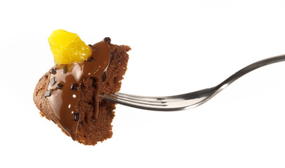 Chocolate Muffins with Orange on a Fork - White Background - Isolated