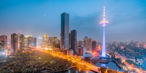 High angle night view of CBD in Shenyang, Liaoning, China