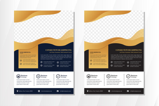 Set of abstract wavy vertical flyer template design. dark blue and black background combined white color. liquid style for element banner with gold gradient. space for photo collage.