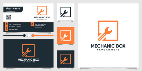 Fototapeta na wymiar Mechanic logo with square box outline style and business card design template Premium Vector