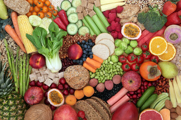 Low cholesterol high fibre food with fruit, vegetables, grain products, cereals, legumes & nuts....