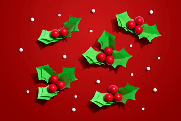 Christmas holly berries - Paper craft - flat lay