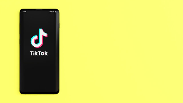 Mobile phone with the TikTok logo displayed, with copy space. 3D rendering.