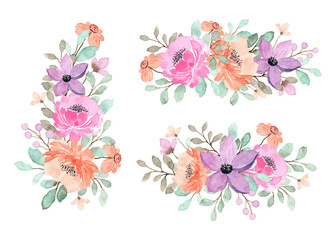 Peach, purple and pink floral bouquet collection with watercolor