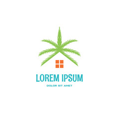 Fototapeta premium Beach house with palm tree leaf roof logo design