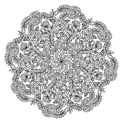 Abstract mandala with flowers and leaves. Vector outline illustration for meditation for adults. Coloring book page with doodle and zentangle elements.