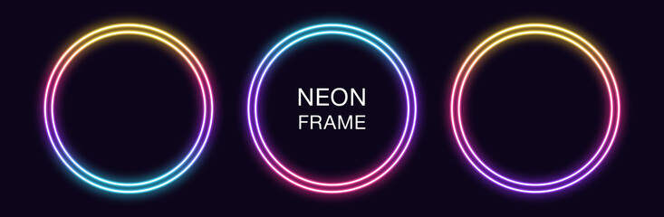 Gradient neon circle Frame. Vector set of round neon Border with double outline