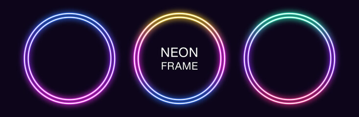 Gradient neon circle Frame. Vector set of round neon Border with double outline