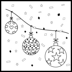Hanging simple outline Christmas Balls, isolated, hand drawn. 