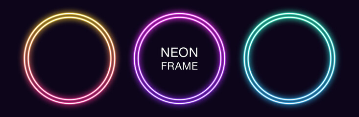 Gradient neon circle Frame. Vector set of round neon Border with double outline