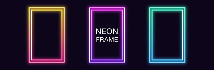 Gradient neon rectangle Frame. Vector set of rectangular neon Border with double outline