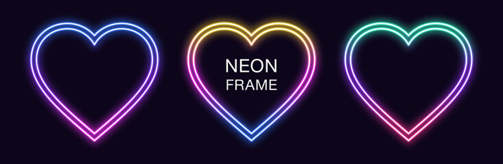 Gradient neon heart Frame. Vector set of romantic neon Border with double outline
