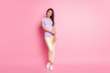 Fototapeta na wymiar Full length photo of positive friendly lady wear casual outfit folded hands isolated on pink color background