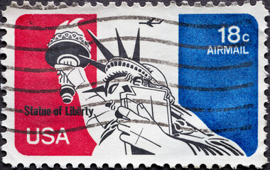 USA - Circa 1974 : a postage stamp printed in the US showing the Statue of Liberty