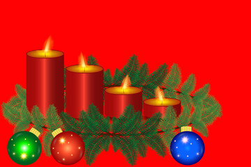 Vector illustration of candel light with pine tree branch and colorful balls. Christmas concept.