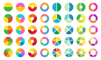 Colorful pie and donut chart collection for business infographic. Circle sections and round donuts pieces.
