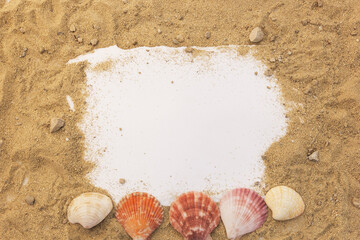 Blank paper concept for text with frames adorned with shells on a sandy background.summer banner for sale and markting.flat lay,top down,top view.