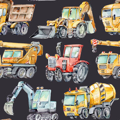 Watercolor seamless pattern with colorful little toy cars. Trucks and Cars Watercolor Background for Boys. Red tractor, Excavator, Digger machine, Building machines, Concrete Mixer.