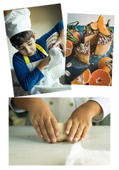 Three images: child cooking chef dress, children's hands kneading and finished and plating cake ready to eat