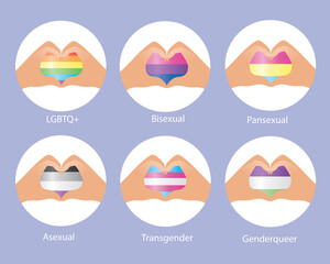 LGBTQ flag, icon set isolated, flat vector stock illustration with hands rainbow heart, symbol of homosexuality, bisexuality, transgender, asexuality