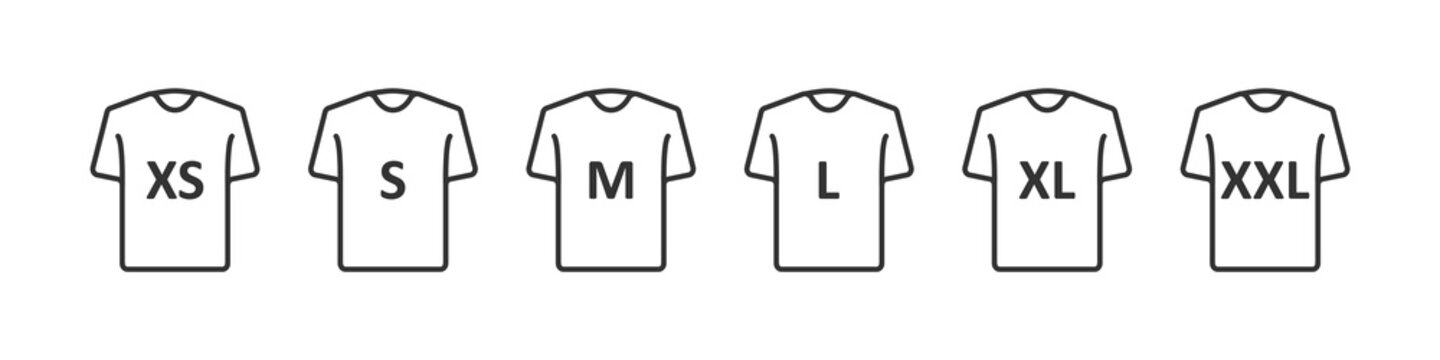 T-shirt size. Clothing size label or tag. From XS to XXL. Vector