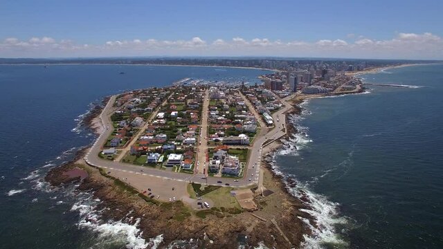 Aerial view of Punta del Este cityscape and coastline during summer, Maldonado Department, Uruguay.