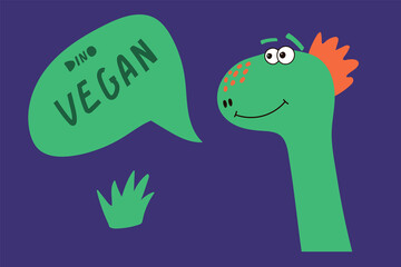 Illustration of a dinosaur with the inscription Vegan. Cute Dino hand drawn for children's fashion. Vector character for a poster or postcard in the flat style. Vector illustration