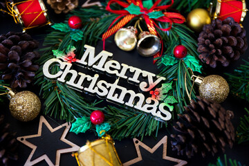 christmas and happy new year background with festive decoration and copy space. top view. flat lay