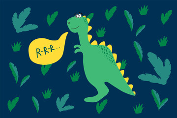 Vector cute Dinosaur in the forest. Illustration of a Dinosaur in a green natural environment. The texture of the forest with the wild animals. A hand-drawn pattern for children's fashion. Vector