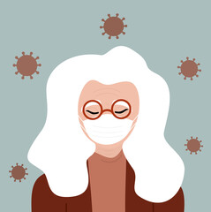 Cartoon character old woman with medical face mask vector concept illustration