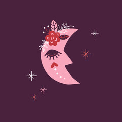 Boho folk celestial half moon  character in floral wreath with cute face vector illustration for Scandinavian kids design