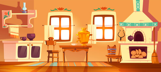 Old rural russian kitchen oven, samovar, table, chair and grip. Vector cartoon interior of traditional ukrainian ancient house with stove, wooden furniture, broom and oil lamp