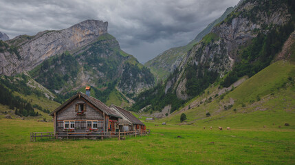 Seealpsee Switzerland Appenzeller Alps, houses, alm, hoher kasten, säntis, lake